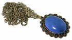 Dyed Blue Agate Oval 25X18 Cabochon Cab Vintage Gold Pendant 23 Inch Chain Eppc9