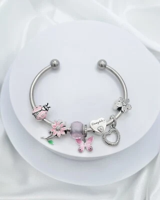 Linx Stainless Steel Bangle with Daughter Themed Charms 925 Sterling Silver - Image 1 of 4