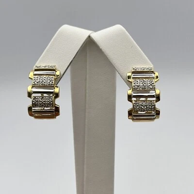 14k Two-Tone Gold Diamond 0.25 CTW Omega Back J-Hoop Earrings 6.4 grams - Image 1 of 4