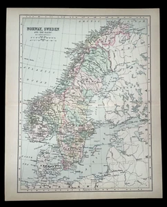 MAPA A COLOR RARO 1896 *NORUEGA, SUECIA* ¡INCREÍBLE ESTADO! 14X11" JD 92424 - Imagen 1 de 2