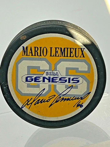 Mario Lemieux Sega Genesis Vintage 90s Hockey Puck. Printed on autograph Cover