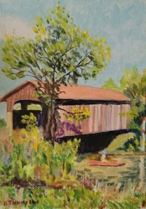 Vintage Holz bedeckt Brücke Ölgemälde auf Leinwand Papier 5"×7" signiert - Bild 1 von 12