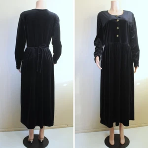 L Vintage 90s Modest Goth Midi Dress Large Black Knit Velour Button to Waist LS - Picture 1 of 6