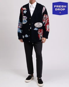 RRP€3410 VALENTINO Chunky Knit Cardigan Size L Embroidered Tigers Patches Y-Neck - Picture 1 of 10