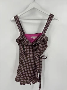 Nanette Lepore Vintage Wrap Tank Womens 6 Brown Pink Polka Sleeveless 100% Silk - Picture 1 of 15