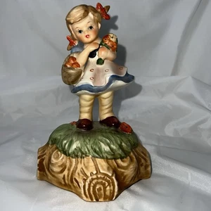 Vintage Lefton handbemalt musikalisches Mädchen mit Blumen und Korb Figur funktioniert - Bild 1 von 7