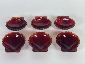 Juego de 6 platos de bodega abiertos con forma de carcasa de vidrio rojo y naranja Amberina - Imagen 1 de 10