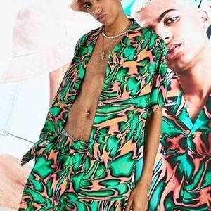 Collusion Patterned Button Down Men's Size Medium Pink Green Marbled Neon Party - Picture 1 of 7