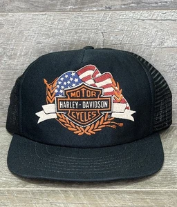 Vintage 80s Rare Harley Davidson HD Flag Black Mesh Trucker Hat Cap SnapBack - Picture 1 of 20