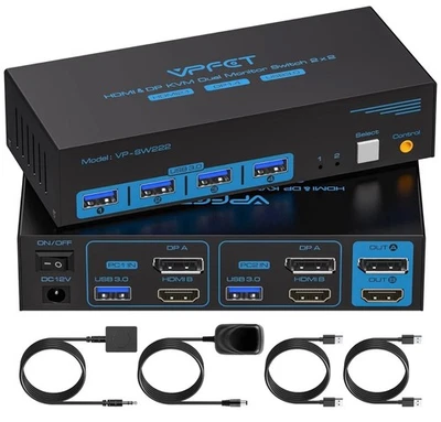 CMSTEDCD HDMI + Displayport KVM Switch Dual Monitor 8K@60Hz 4k@120Hz USB3 SW222 - Image 1 of 4