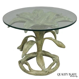 Vintage Arthur Court Green Verdigris Gilt Bronze & Glass Lily Flower Side Table - Picture 1 of 12