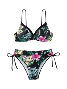 Floerns Tropical High Waisted Drawstring Bikini Black Large 2 Piece Swimsuit - Bild 1 von 4