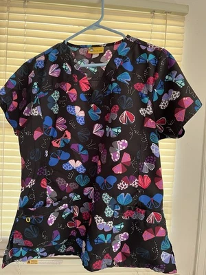 Wonder Wink Scrub Top Size M Butterfly Black With Multiple Colors Print EUC - Image 1 of 4
