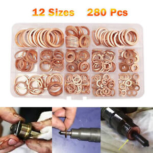 280Pcs 12 Sizes Copper Crush Washers Assorted Seal Flat Ring Hardware Kit Box