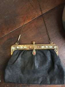 Antique Vintage  Floral Black Evening Bag Purse, Brass & Enamel Frame  - Picture 1 of 12