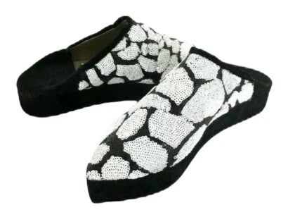 New Moroccan Platform Babouche Mule Black White Sequin  7 Shoes Handmade - Image 1 of 4