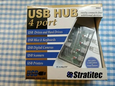 NIB Stratitec USB HUB, 4 Port, USB4CS, PC & MAC Compatible, w/USB Cables & Power - Image 1 of 4