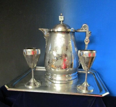 Antique Ice Water Pitcher Tray & Goblets Engraved ELK Rogers Smith 1868-1871 - Image 1 of 4