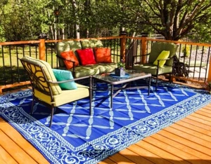 Large Deck RV Mat Reversible Rug 9 x 12 ft Outdoor Camping Blue Teal Beach Mat - Picture 1 of 14