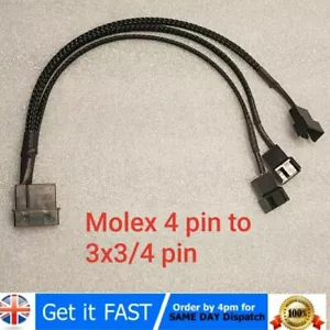 Molex to 3 x 3 pin Fan 20cm Y Splitter Power Cable 5v 12v Black Sleeved - Picture 1 of 4