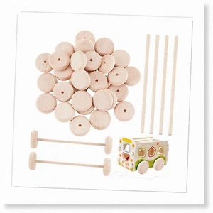DIY Model Cars Wood Supplies - 30Pcs Small Wood Wheels & 15Pcs Flat Wooden Stick - Picture 1 of 7