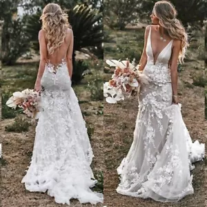 Elegant Mermaid Wedding Dresses V-Neck Sleeveless Lace 3D Flowers Bridal Gowns - Picture 1 of 9