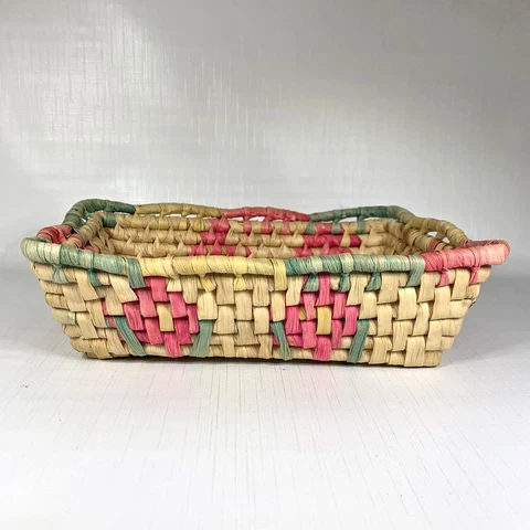 Rectangle Palm Leaf Basket Floral Pattern Pink Green 10 x 7 Inch Bread Dinner Cover