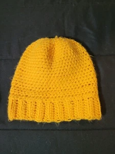 Hand Crochet Adult or Teen Beanie Hat Cap W/ Flower Preowned Solid Gold Yellow - Picture 1 of 8