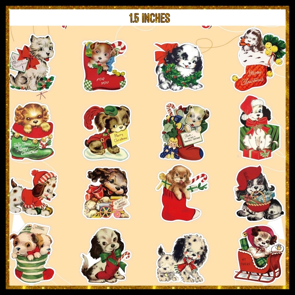 Pegatinas vintage para cachorros de vacaciones de Navidad de 1,5 pulgadas Foto 1 de 1