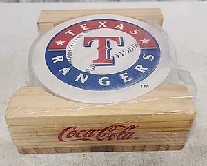 Texas Rangers Baseball Coca-Cola Deck Circle Ceramic Coaster Set Wooden Holder - Picture 1 of 6