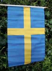 SWEDEN LARGE HAND WAVING FLAG 18" X 12" WITH 24" POLE flags SWEDISH STOCKHOLM - Picture 1 of 1