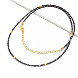 Collar minimalista de cuentas redondas de piedras preciosas de ónix negro facetado pequeño de 2-3 mm para mujer 18" - Imagen 1 de 17