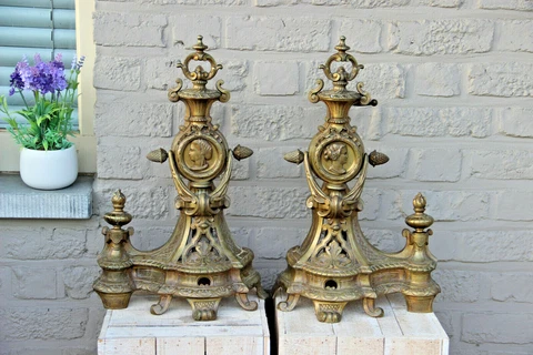 Antique PAIR huge bronze fireplace andirons portrait medaillon heads louis XVI Cover