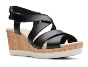 Clarks Mujer * Cammy Blossom * Cojín Cuero Negro Suave Cuña Sandalias Reino Unido 5.5 D - Imagen 1 de 5