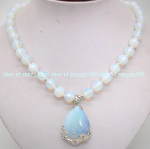 Faceted SriLanka White Moonstone Opal Gems Round Beads Teardrop Pendant Necklace - Picture 1 of 12