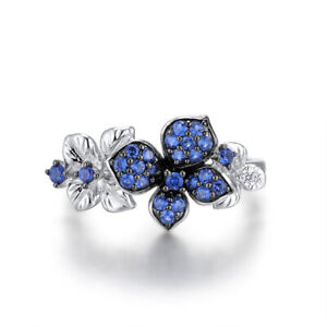 Gorgeous Women Flower 925 Silver Wedding Ring Blue Sapphire Jewelry Size 6-10