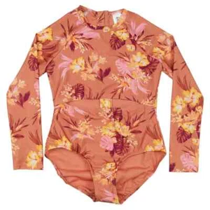 Art Class Girls' Island Floral One Piece Rash Guard Swimsuit Brown, M/8 Plus - Picture 1 of 3