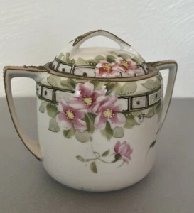 Hand Painted Nippon Porcelain Double Handled Sugar Bowl w/Lid Floral Pink Green - Picture 1 of 7