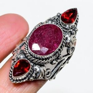 Kashmir Ruby, Garnet Gemstone Handmade Fashion Jewelry Ring 7.5 MR-2298