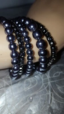 Pulsera elástica BEAU Defi gris oscuro imitación perla hematita pedrería 5 filas nueva Foto 1 de 4