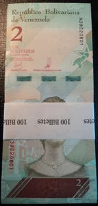 LOTE DE 100 BILLETES 2 BOLIVARES, 2018, VENEZUELA , P-101, S/C-UNC. - Imagen 1 de 8