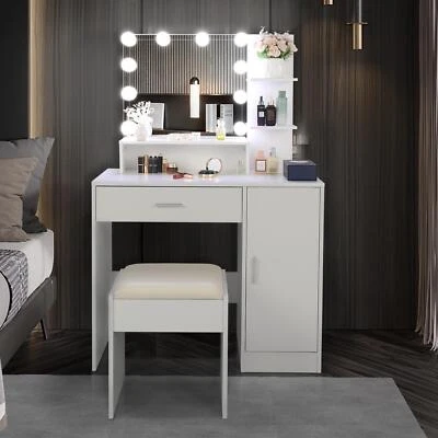 LED Mirror Dressing Table Vanity Set with Stool Storage Cabinet Drawer Shelf - Image 1 of 4
