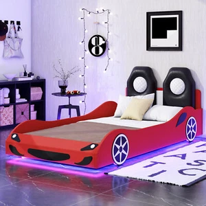 Wood Twin Size Race Car-Shaped Platform Bed with LED and Upholstered Backrest, R - Picture 1 of 12