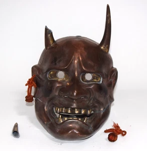 Antique Japanese Mixed Media Copper Brass Bronze Devil Mask Horns Signed DAMAGED - Picture 1 of 23
