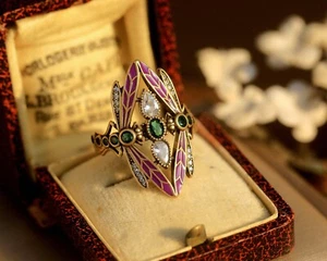 Ring Golden Antik Einstellbar Kunst Neu Libelle Emaille Violett Cz Grün SB51 - Bild 1 von 10