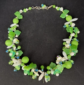 Antike Uranglas & Perle Floral Obst Salat Halskette Sterling 16-18" - Bild 1 von 6