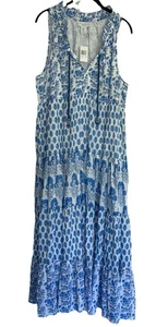 NUEVO CON ETIQUETAS CALYPSO St. BARTH Maxi Vestido en Niveles 100% Algodón Grande Azul Blanco Floral - Imagen 1 de 5