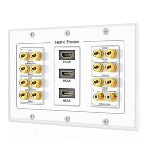 7.1 7.2 Home Theater Speaker Wall Plate + 2 RCA Jacks + 3 HDMI Connectors White - Picture 1 of 8
