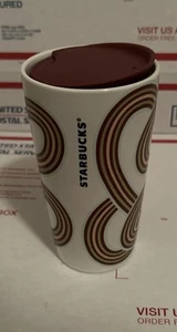 Starbucks 2024 Retro Stripe White Gold Maroon Ribbon Ceramic 12 oz Tumbler New - Picture 1 of 4