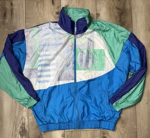 Vintage Sergio Tacchini Mens Track Jacket Blue Geometric 90s Windbreaker Size 42 - Picture 1 of 9
